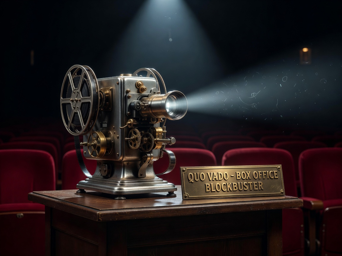 Spotlit cinema projector representing Quo Vado box office blockbuster