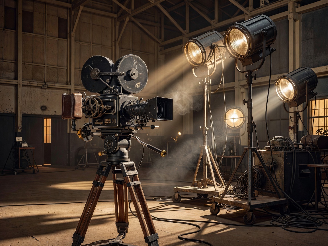 Vintage 35mm motion picture camera and cinema studio lighting from Cinecittà era