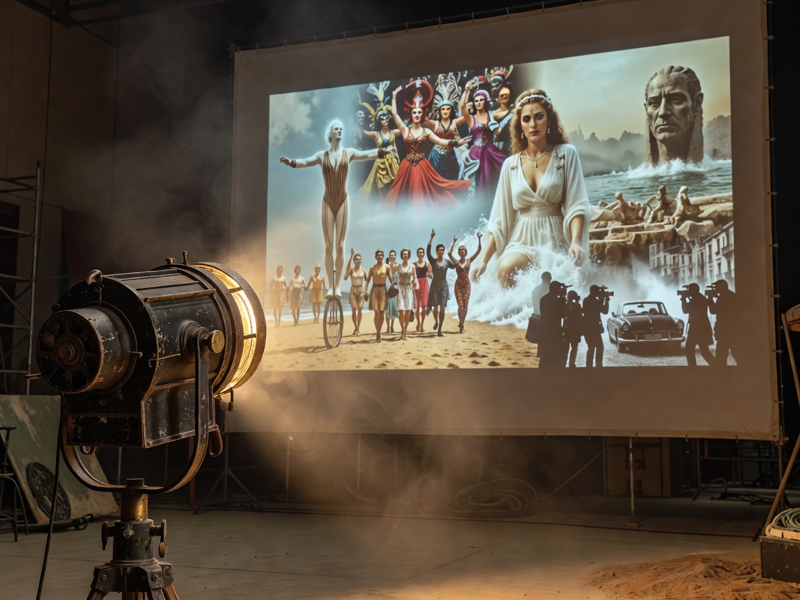 Vintage movie spotlight reflecting Fellini Cinecittà era masterpieces